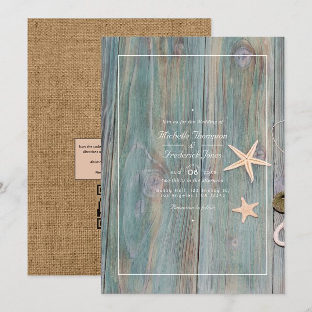 Invitation Rustique Beach Nautique QR Code RSVP Mariage (Devant / Derrière)