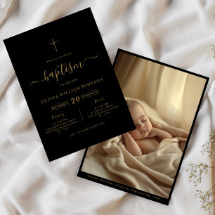 Invitation Rustique Black & Gold Photo Genre Baptême neutre