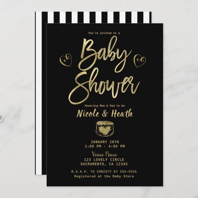Invitation Rustique Black White Stripes & Baby shower Or (Devant / Derrière)