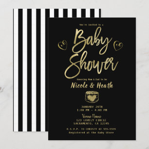 Invitation Rustique Black White Stripes & Baby shower Or