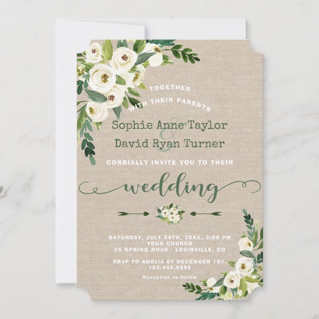 Invitation Rustique blanc Floral Burlap Mariage écriture manu (Devant)