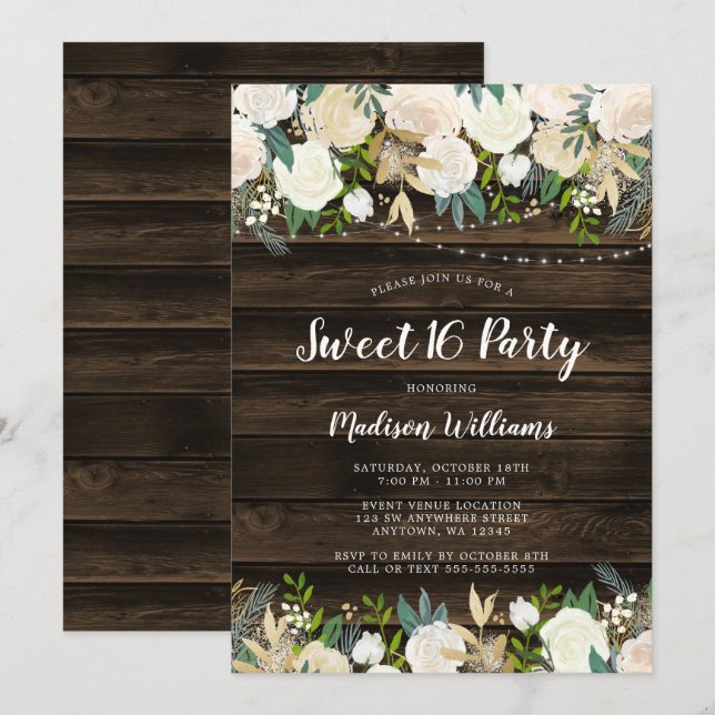 Invitation Rustique Blanc Floral Lights Sweet 16 (Devant / Derrière)