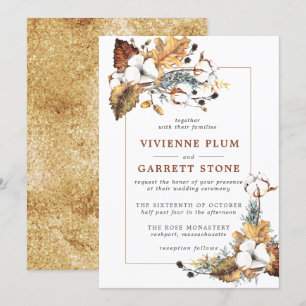 Invitation Rustique Blanc Floral Or Automne Feuilles Mariage