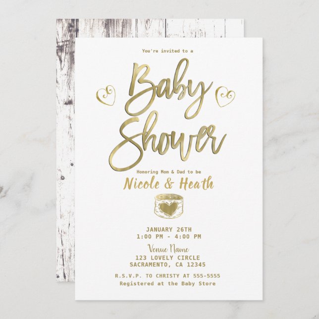 Invitation Rustique Blanc Grange Bois Chic Baby shower Or (Devant / Derrière)