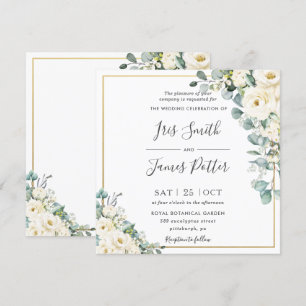 Invitation Rustique blanc ivoire Floral Eucalyptus Mariage or