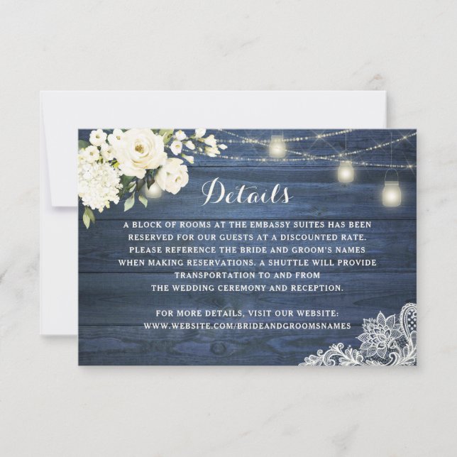 Invitation Rustique Bleu Bois Blanc Dentelle Florale Détails  (Devant)
