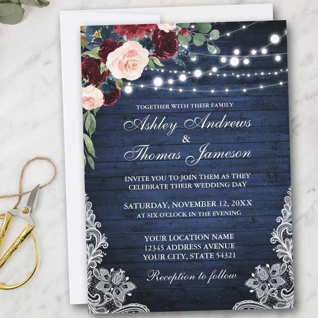 Invitation Rustique Bleu Bois Bourgogne Bleu Floral Mariage (Customize to add more text or photos to back of card.)