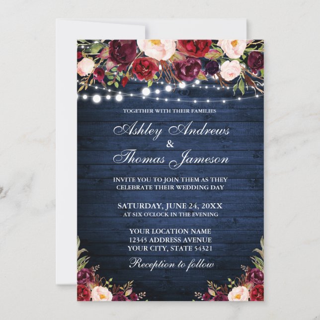 Invitation Rustique Bleu Bois Bourgogne Floral Lumières Maria (Devant)