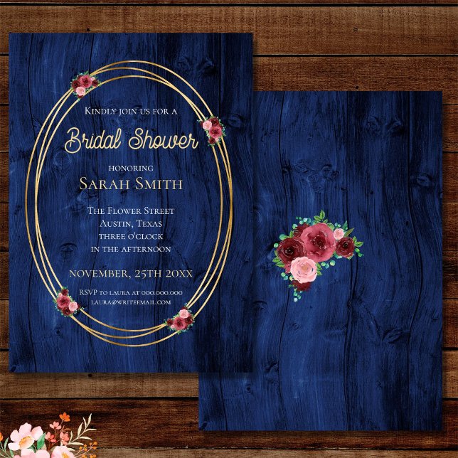 Invitation Rustique Bleu Bourgogne Rond Aquarelle Douche (Créateur téléchargé)