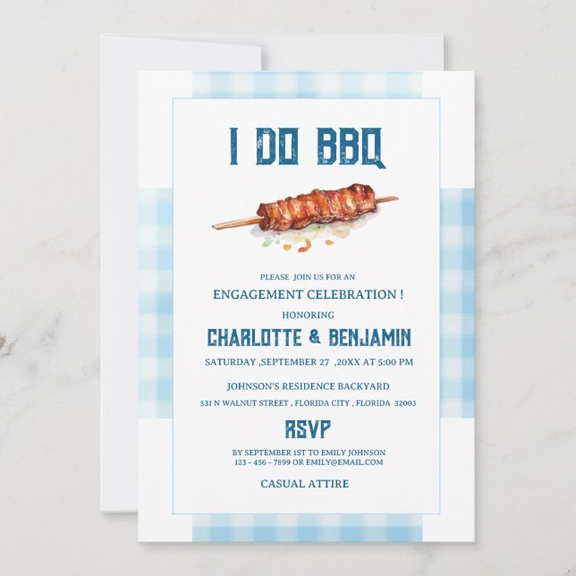 Invitation Rustique Bleu En vichy Je fais BBQ (Devant)