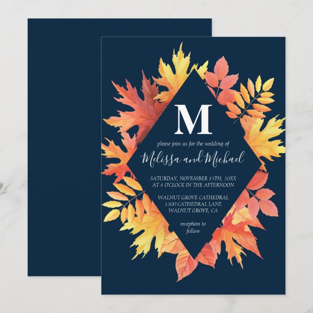 Invitation Rustique Bleu et Orange Feuilles Mariage (Devant / Derrière)