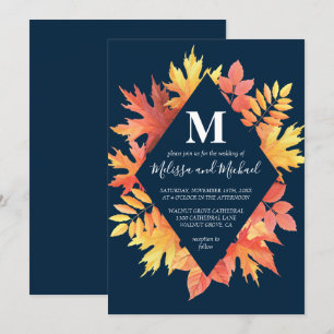 Invitation Rustique Bleu et Orange Feuilles Mariage