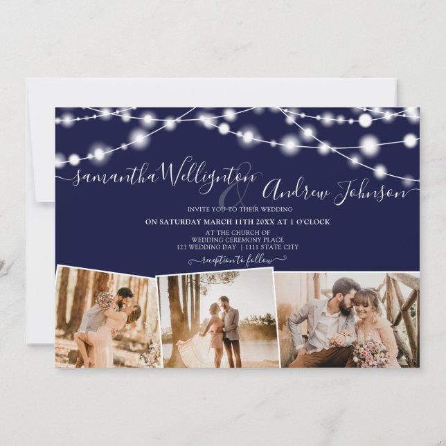 Invitation Rustique bleu marine lumières script 4 photos mari (Dos)