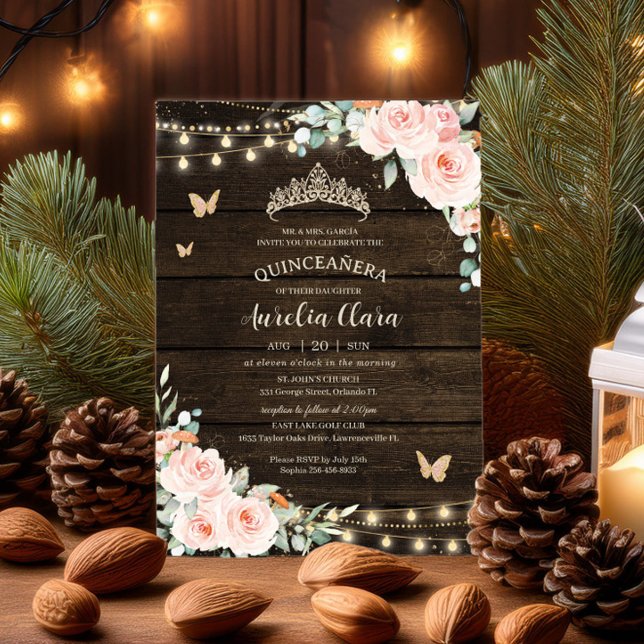 Invitation Rustique Blush Floral Enchanted Forest Quinceañera (Créateur téléchargé)