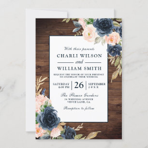 Invitation Rustique Blush & Navy Floral Frame Mariage