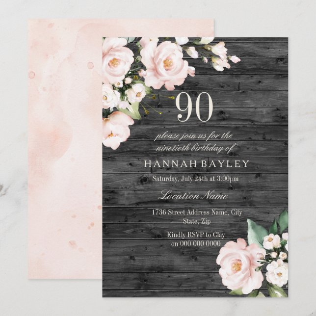 Invitation Rustique Blush rose & blanc Floral 90e anniversair (Devant / Derrière)