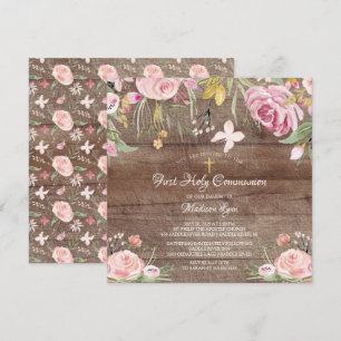 Invitation Rustique Blush Rose Floral Première Communion Sain