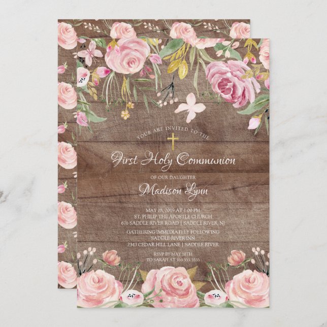 Invitation Rustique Blush Rose Floral Première Communion Sain (Devant / Derrière)