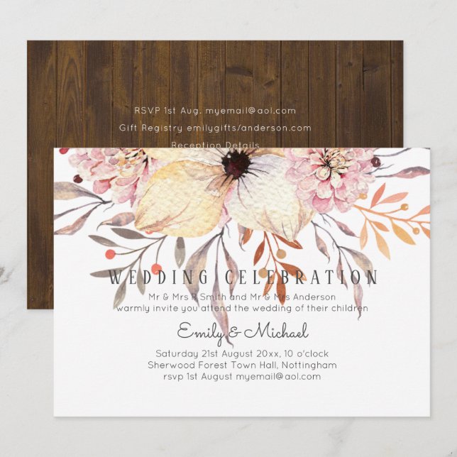 Invitation Rustique Blush rose Floral Sage Budget Mariage Inv (Devant / Derrière)