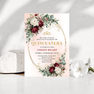 Invitation Rustique Bohème Rouge Foncé Florale Or