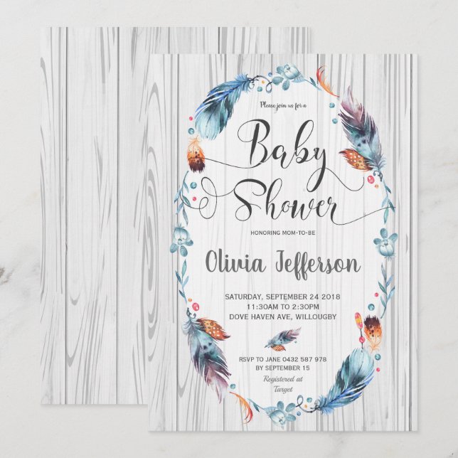 Invitation Rustique Boho Baby Boy Shower Tribal Feathers (Devant / Derrière)
