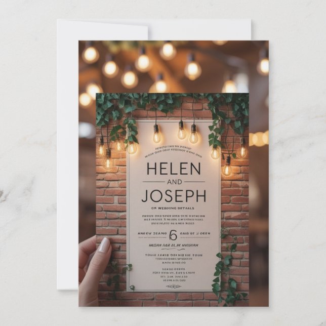 Invitation Rustique Boho Brick Mur & String Lumières Mariage  (Devant)