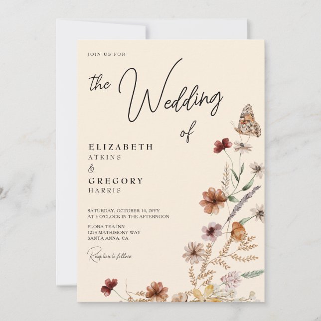 Invitation Rustique Boho Butterfly Fleur sauvage Mariage d'au (Devant)