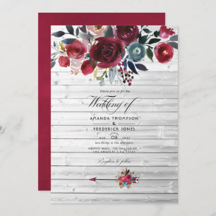 Invitation Rustique Boho Chic Bourgogne et Mariage floral de