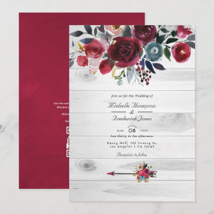 Invitation Rustique Boho Chic Bourgogne et Mariage floral de