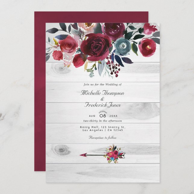 Invitation Rustique Boho Chic Bourgogne et Mariage floral de  (Devant / Derrière)