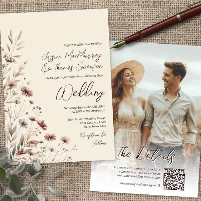 Invitation Rustique Boho Chic Fleurs sauvages & Photo QR Mari (Front/Back)