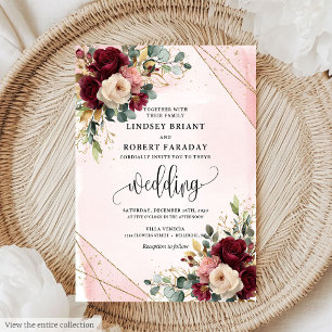 Invitation Rustique Boho Dark Red Gold Blush Rose Mariage