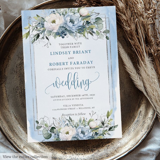 Invitation Rustique Boho Dusty Blue Silver Roses Mariage Invi (Rustic Boho Dusty Blue Silver Roses Wedding Invitation)