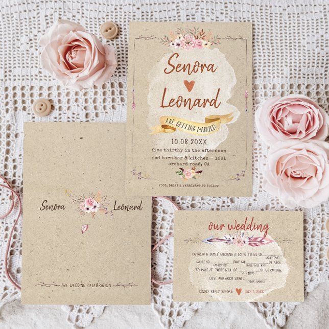 Invitation Rustique Boho Floral Kraft Mariage (Créateur téléchargé)