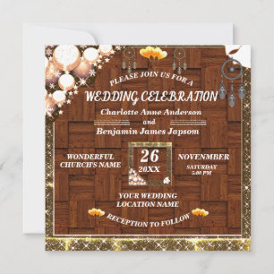 Invitation Rustique Boho Golden Parties scintillant Dream Cat