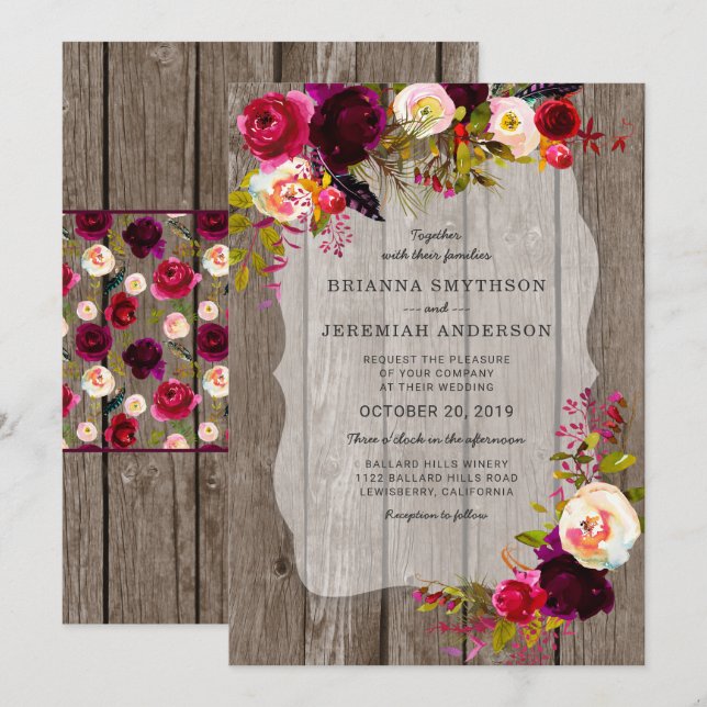 Invitation Rustique Boho Grange Bois bordeaux mariage floral (Devant / Derrière)