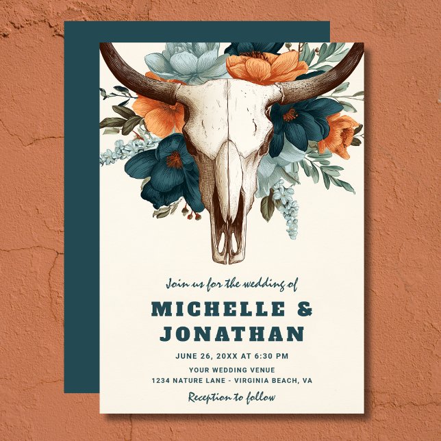 Invitation Rustique Boho Ouest Vache Crâne Floral Mariage (Rustic Boho Western Cow Skull Floral Wedding Invitation)