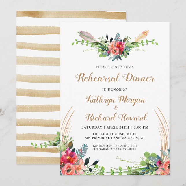 Invitation Rustique Boho Pays Floral Jardin Dîner de répétiti (Devant / Derrière)
