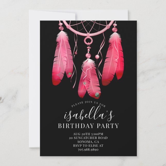 Invitation Rustique Boho rose Dream Catcher noir Anniversaire (Devant)