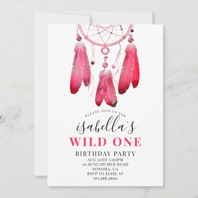 Invitation Rustique Boho rose Dream Catcher Wild Un Anniversa (Devant)
