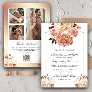 Invitation Rustique Boho Rose Gold Ivory Floral QR Code Maria