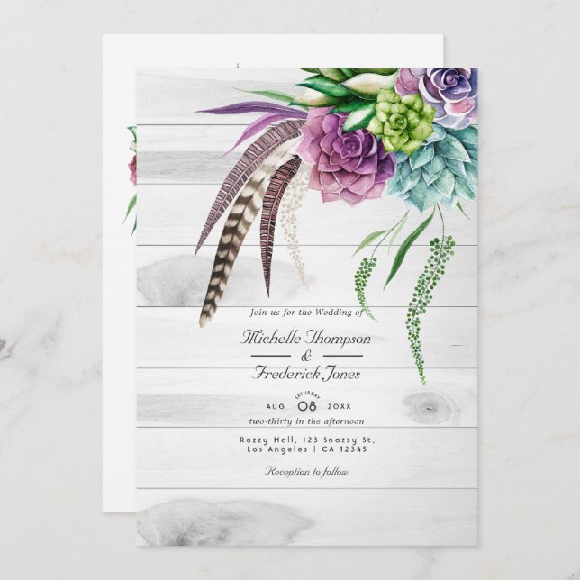 Invitation Rustique Boho Succulents QR Code RSVP Mariage (Devant / Derrière)