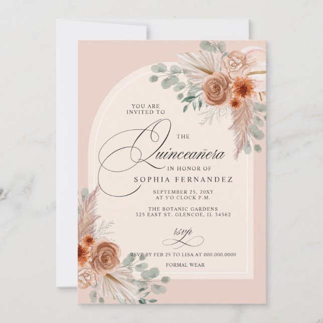 Invitation Rustique Boho Terracotta Pampas Quinceanera (Devant)