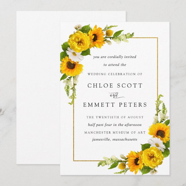 Invitation Rustique Boho Tournesol Jaune Mariage Floral été (Devant / Derrière)