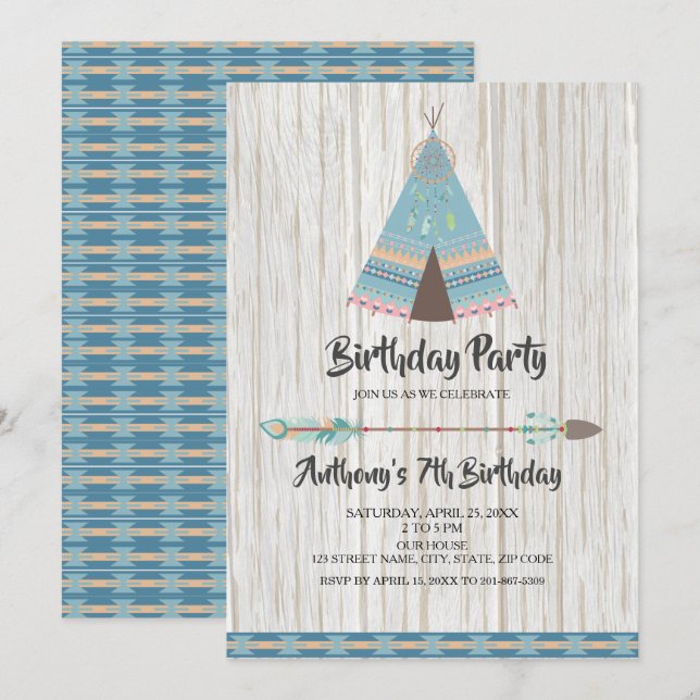 Invitation Rustique Boho Tribal Blue Teepee fête d'anniversai (Devant / Derrière)