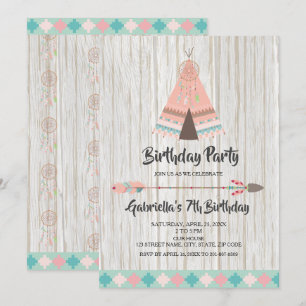Invitation Rustique Boho Tribal rose Teepee fête d'anniversai
