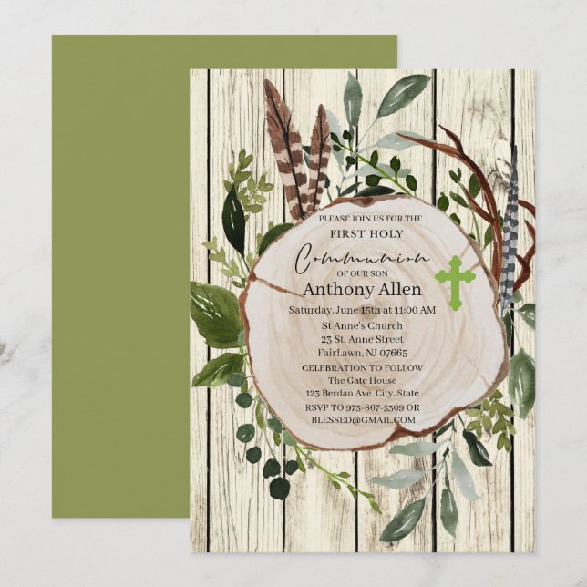 Invitation Rustique Boho Verdure Première Communion sainte (Devant / Derrière)