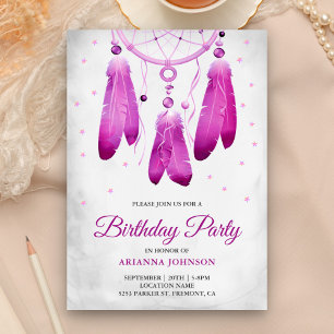 Invitation Rustique Boho violet Dream Catcher fête d'annivers