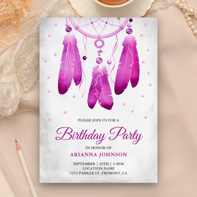 Invitation Rustique Boho violet Dream Catcher fête d'annivers (Créateur téléchargé)
