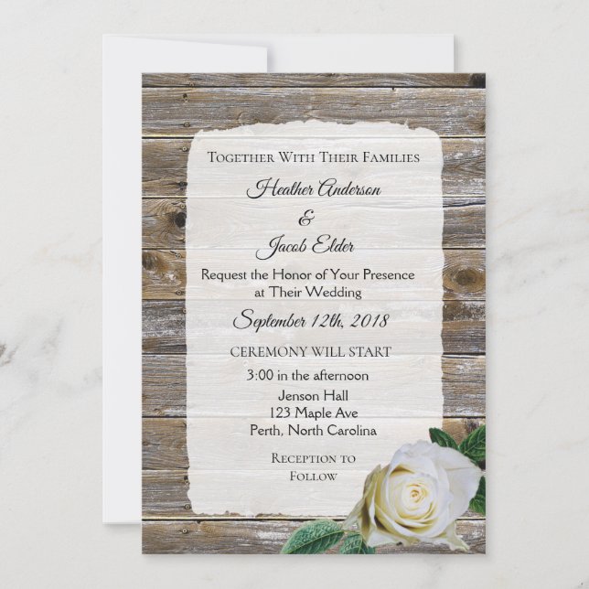 Invitation Rustique Bois Blanc Rose Élégant Mariage Invitatio (Devant)